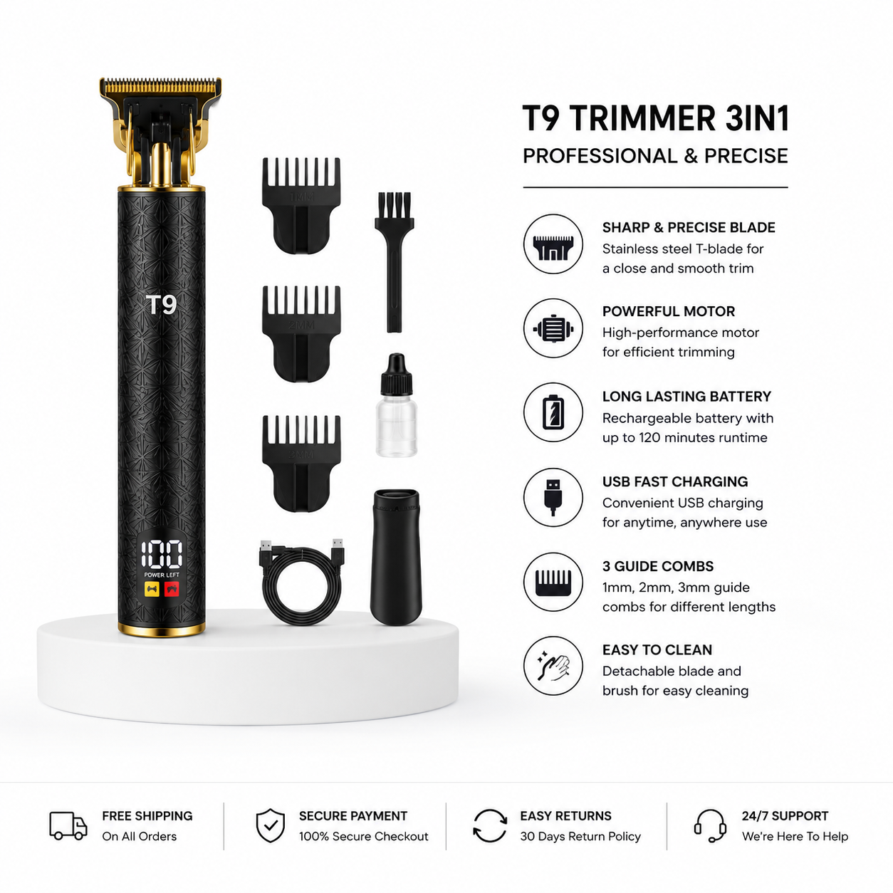 T9 Professional 3-in-1 Cordless Hair & Beard Trimmer