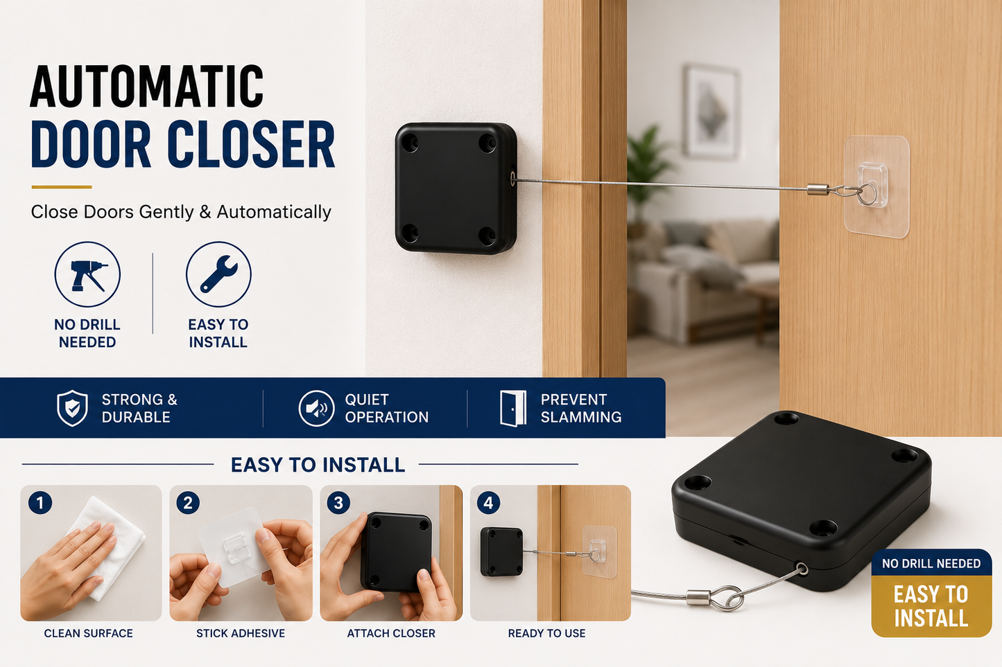 Automatic Punch-Free Door Closer | Adjustable Self-Closing Door Device