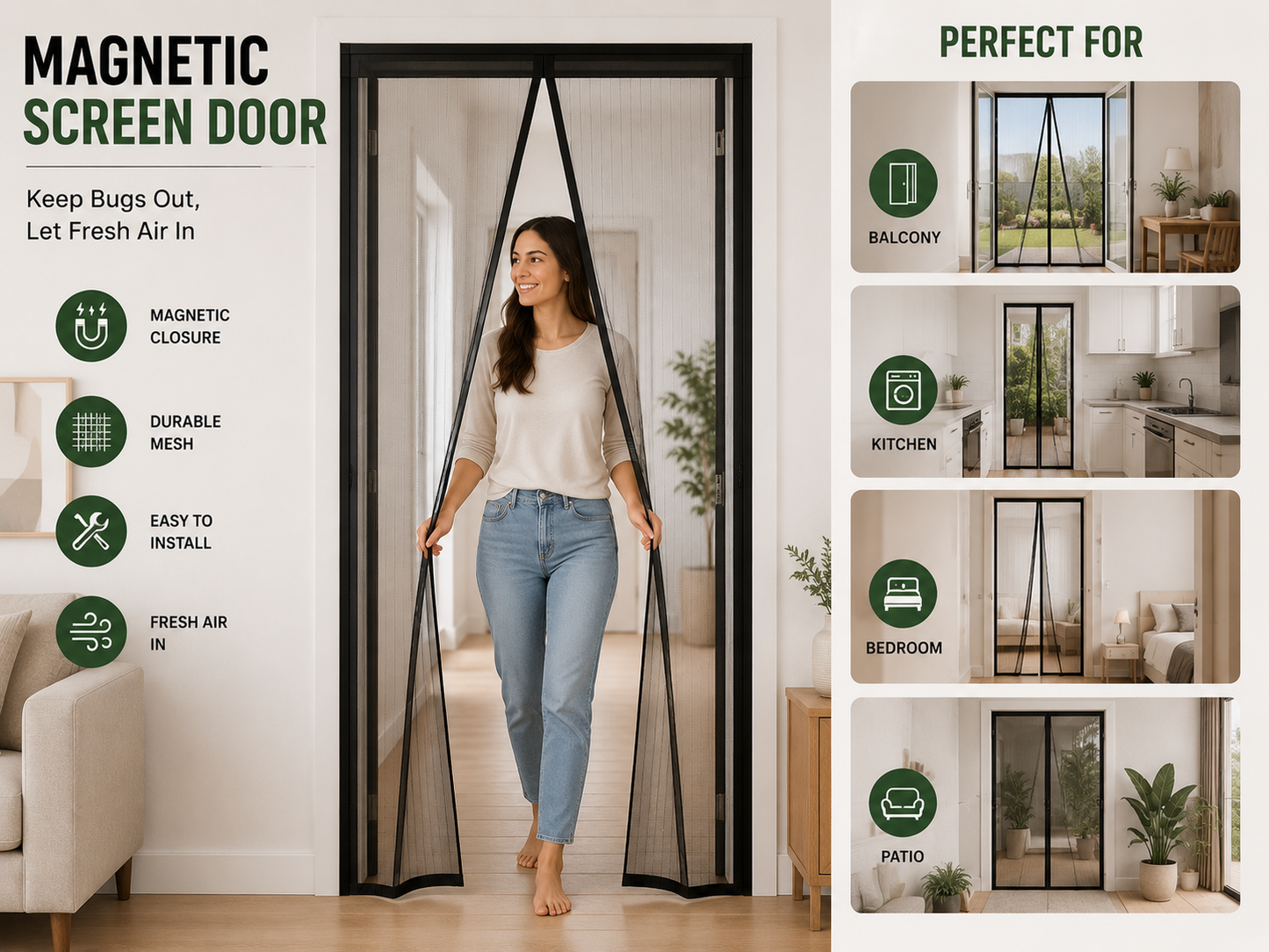 Premium Magnetic Screen Door – Hands-Free Mesh Curtain | Easy Installation | Keep Bugs Out